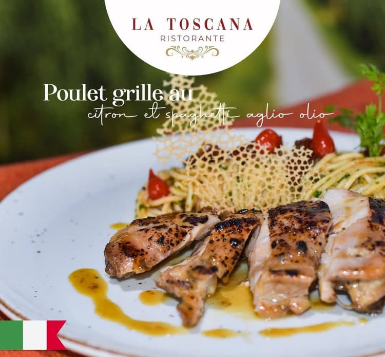 Poulet grillé au citron et spaghetti Aglio e Olio