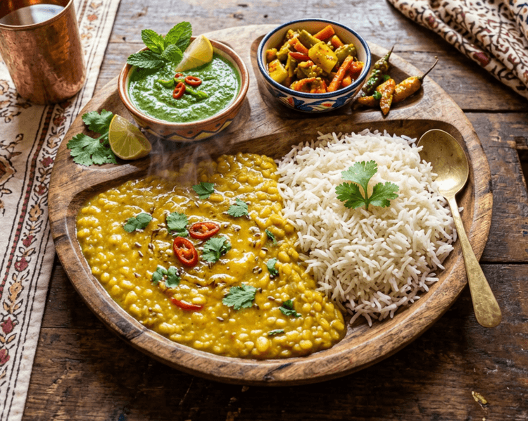 Daal Chawal with pickle & Chutney